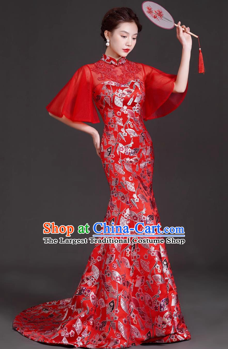 Chinese Style Long Mermaid Gown Red Trailing Guzheng Performance Costume Model Runway Stage Cheongsam Dress