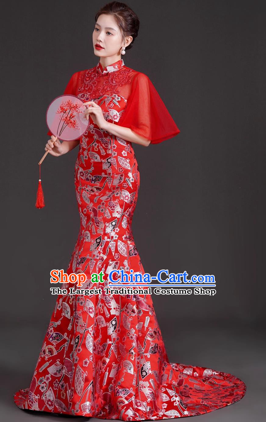Chinese Style Long Mermaid Gown Red Trailing Guzheng Performance Costume Model Runway Stage Cheongsam Dress