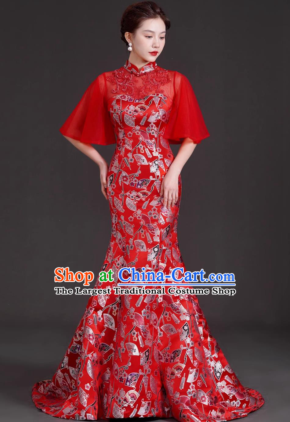 Chinese Style Long Mermaid Gown Red Trailing Guzheng Performance Costume Model Runway Stage Cheongsam Dress