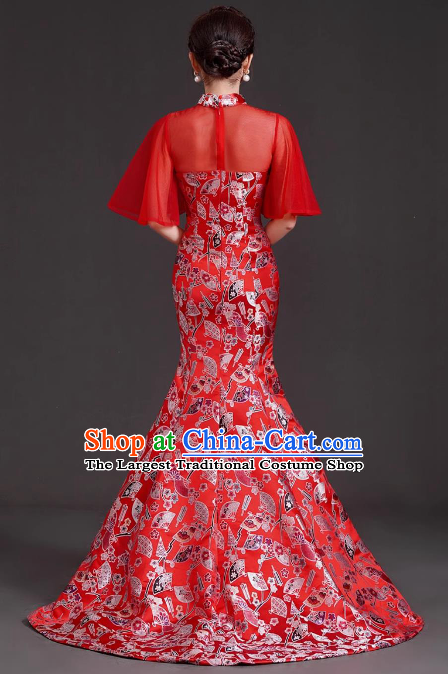 Chinese Style Long Mermaid Gown Red Trailing Guzheng Performance Costume Model Runway Stage Cheongsam Dress