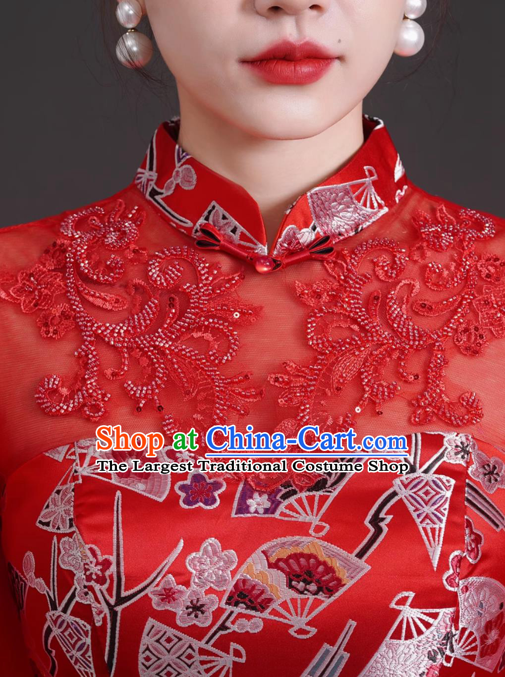 Chinese Style Long Mermaid Gown Red Trailing Guzheng Performance Costume Model Runway Stage Cheongsam Dress
