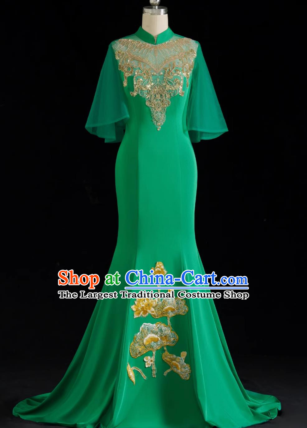 Chinese Style Evening Gown Green Trailing Long Style Runway Performance Outfit Mermaid Fit Annual Gala Dress