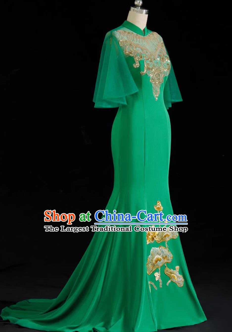 Chinese Style Evening Gown Green Trailing Long Style Runway Performance Outfit Mermaid Fit Annual Gala Dress