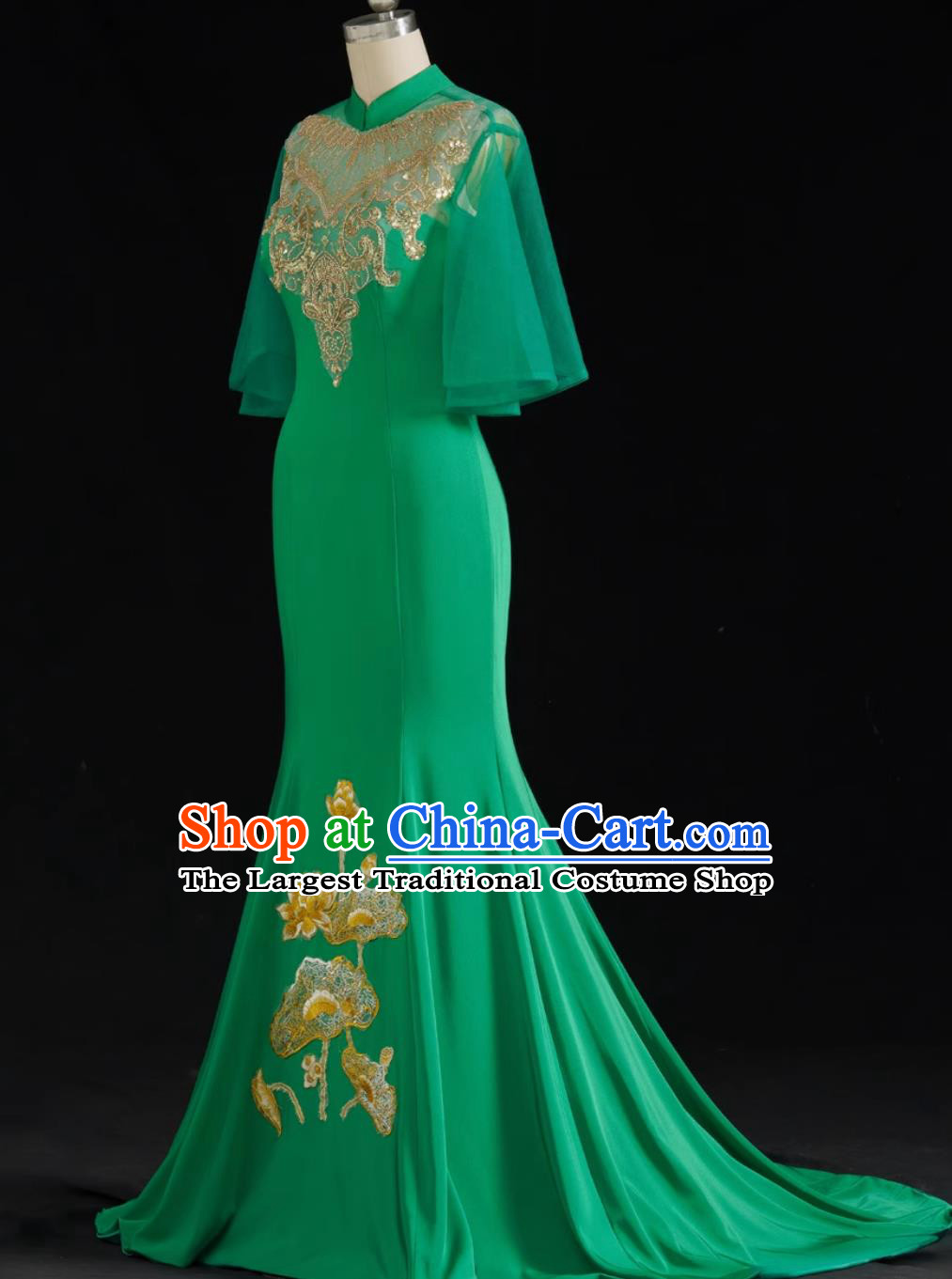 Chinese Style Evening Gown Green Trailing Long Style Runway Performance Outfit Mermaid Fit Annual Gala Dress