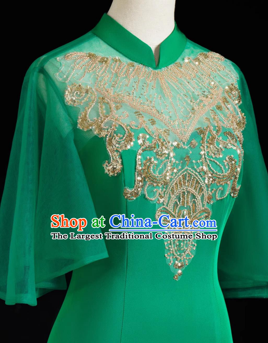 Chinese Style Evening Gown Green Trailing Long Style Runway Performance Outfit Mermaid Fit Annual Gala Dress