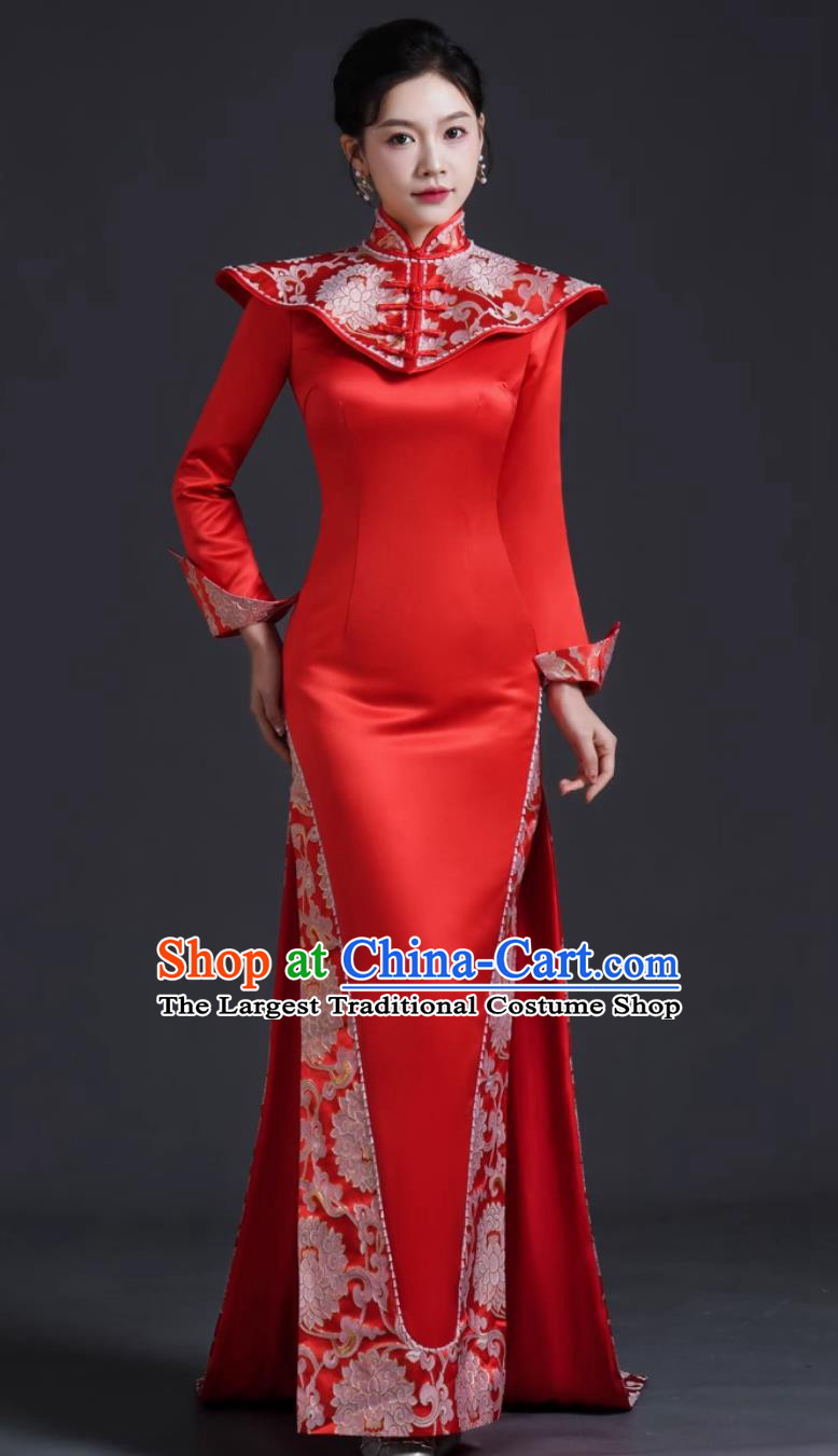 Chinese Style Runway Cheongsam Performance Costume Long Mermaid Fit Slimming Evening Gown Short Trailing Dress