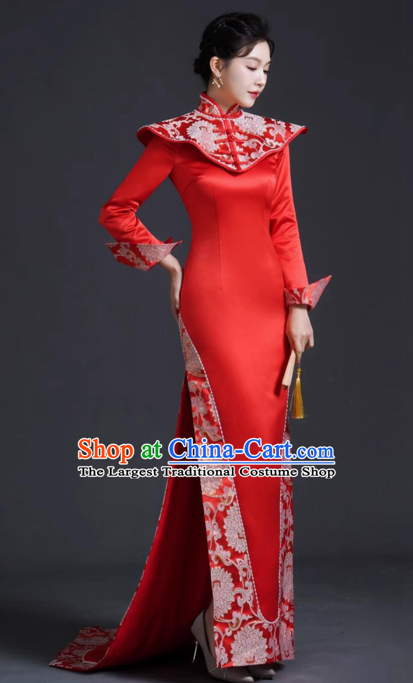 Chinese Style Runway Cheongsam Performance Costume Long Mermaid Fit Slimming Evening Gown Short Trailing Dress