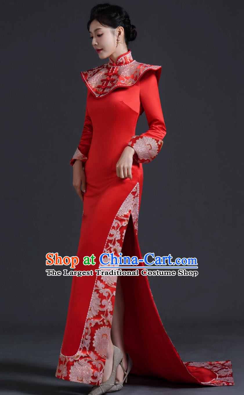 Chinese Style Runway Cheongsam Performance Costume Long Mermaid Fit Slimming Evening Gown Short Trailing Dress