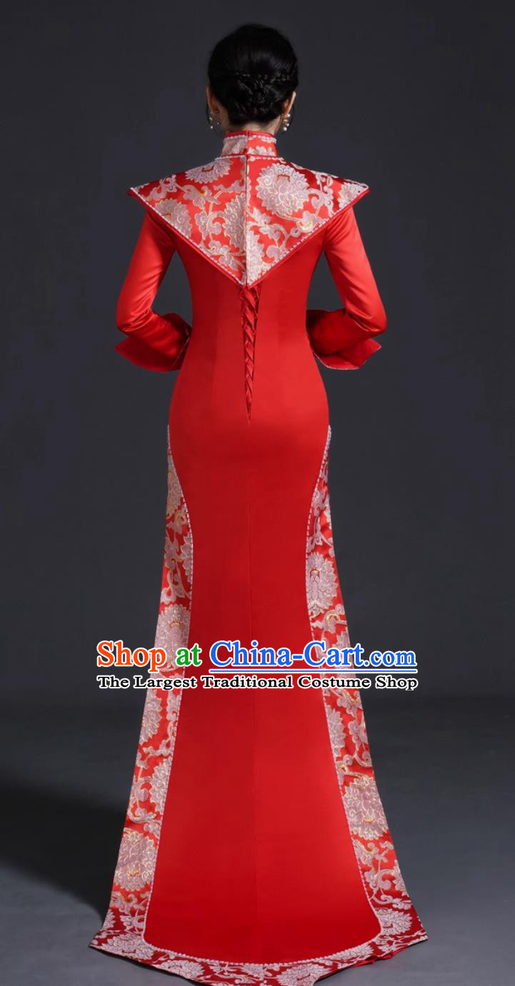 Chinese Style Runway Cheongsam Performance Costume Long Mermaid Fit Slimming Evening Gown Short Trailing Dress