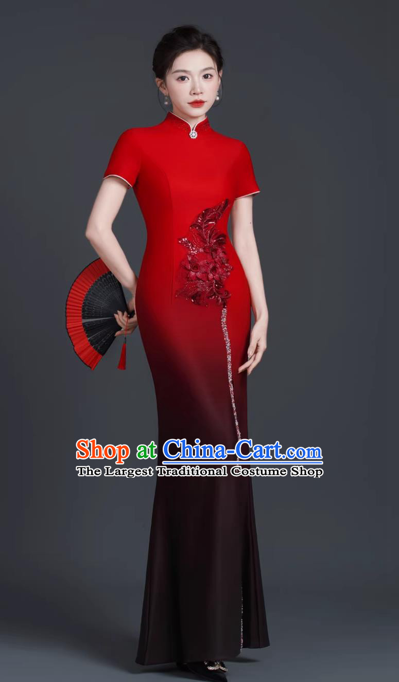 Model Stage Catwalk Performance Qipao Slim Long Dress Chinese Style Banquet Evening Gown