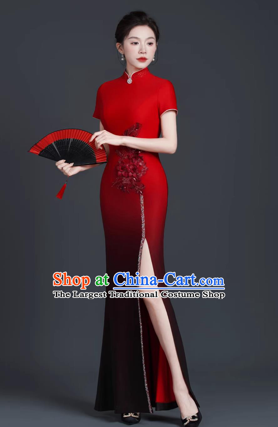 Model Stage Catwalk Performance Qipao Slim Long Dress Chinese Style Banquet Evening Gown