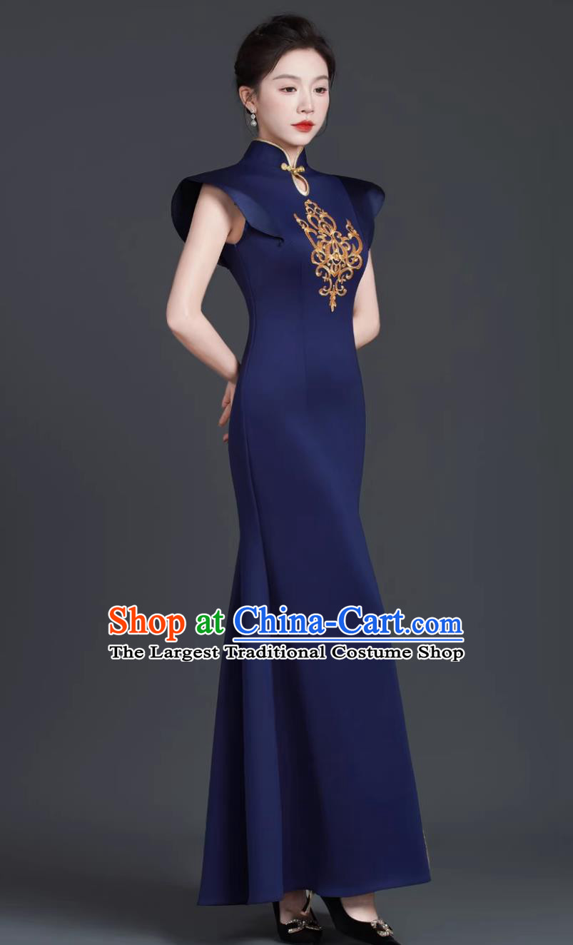 Navy Blue Model Stage Runway Show Performance Qipao Slim Fit Long Dress Chinese Style Banquet Evening Gown