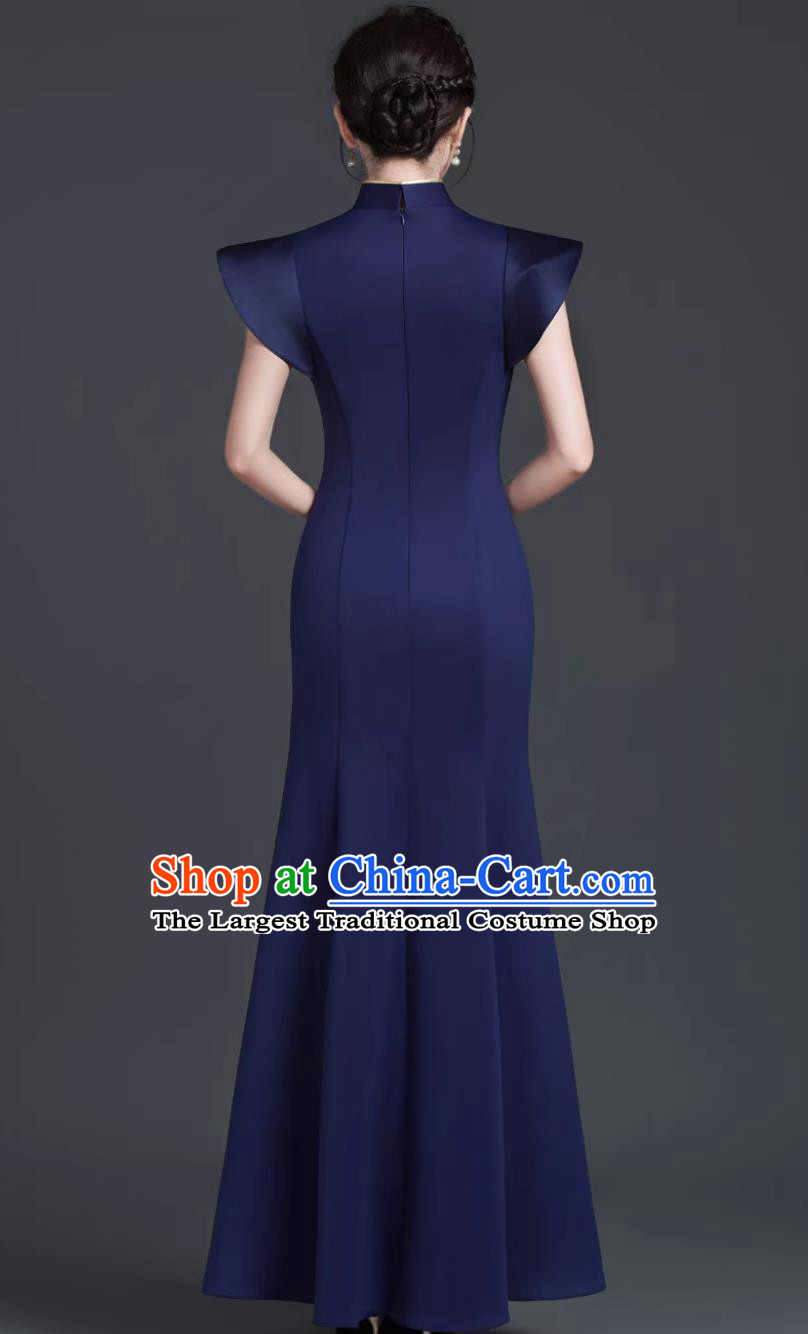 Navy Blue Model Stage Runway Show Performance Qipao Slim Fit Long Dress Chinese Style Banquet Evening Gown