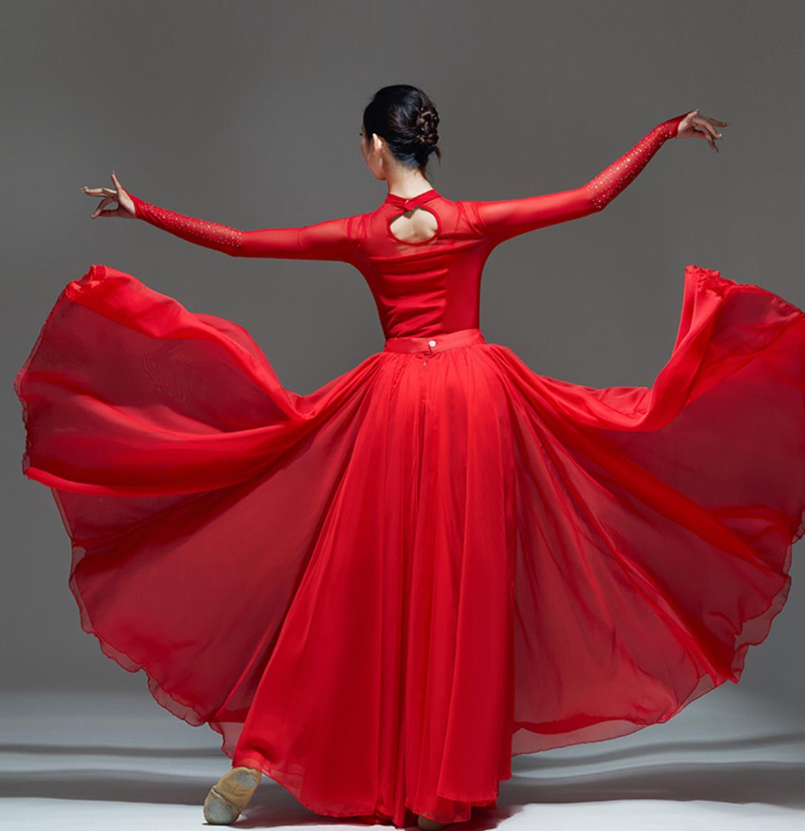 Red Classical Dance Costume Women Elegant Opening Flared Skirt Modern Song Dance Performance Outfit