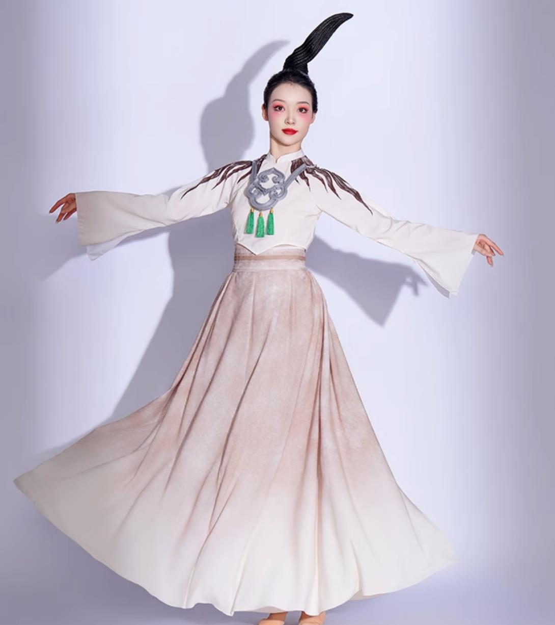 Women Elegant Chinese Style Jade Bird Dance Outfit Classical Dance Costume Art Exam Fan Dance Performance Wear