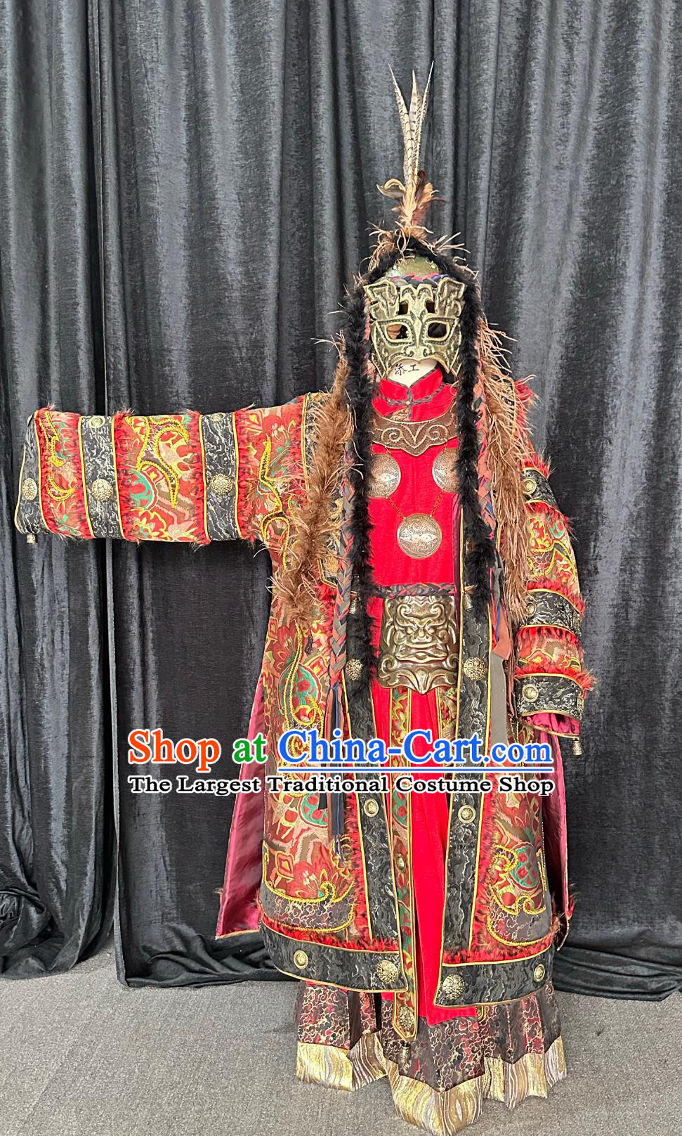 Chinese Nuo Opera Primitive Tribe Priest Clothing Hand Embroidered Red Garment Ethnic Minority Dance Performance Costume