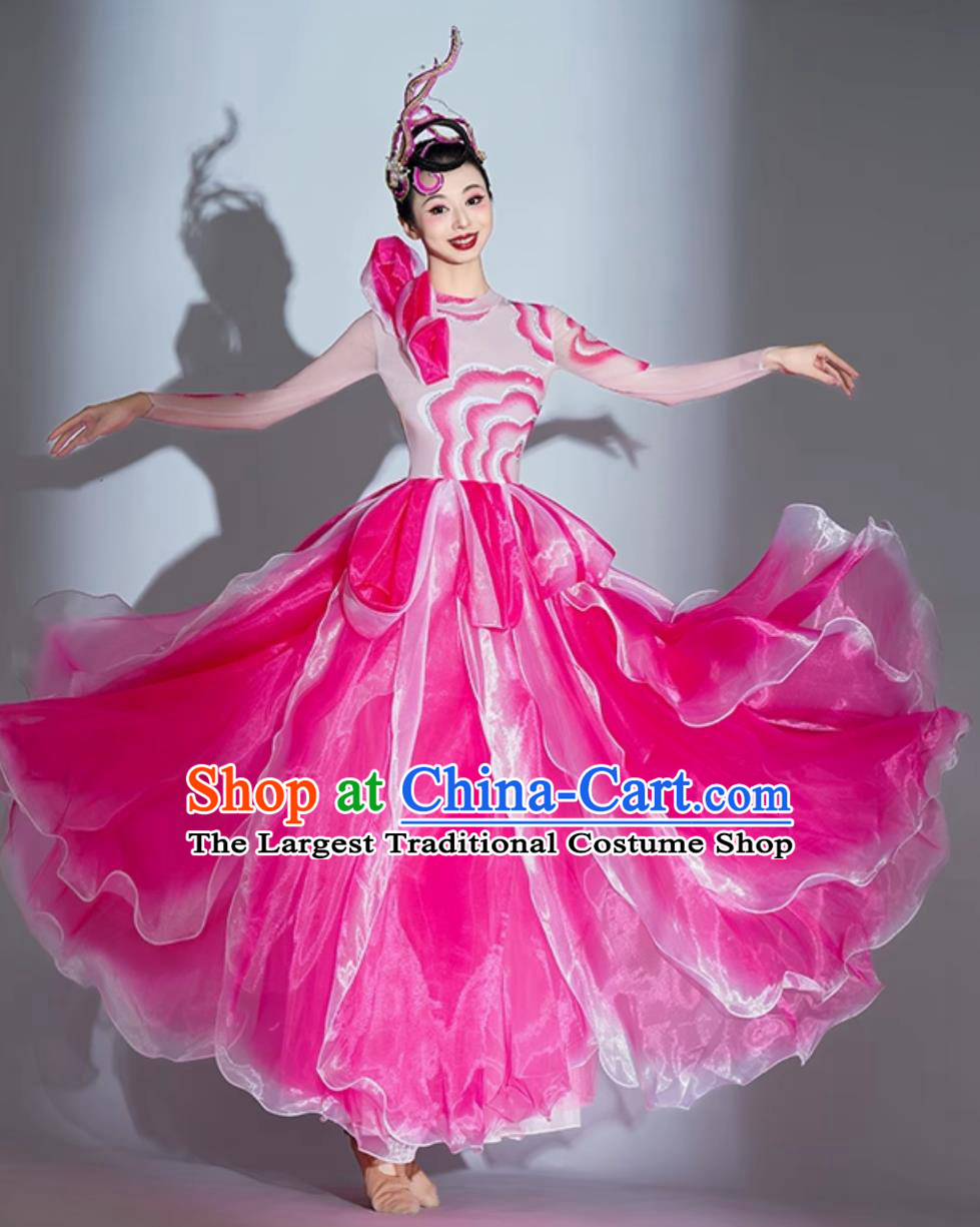 Pink Grand Opening Dance Flared Dress Stage Performance Costume China Song Dance Attire Peony Dress