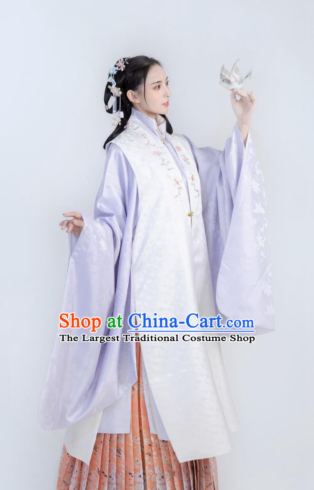 Chinese Ming Dynasty Hanfu Satin Brocade Bijia Blouse and Pleated Mamian Skirt Complete Set