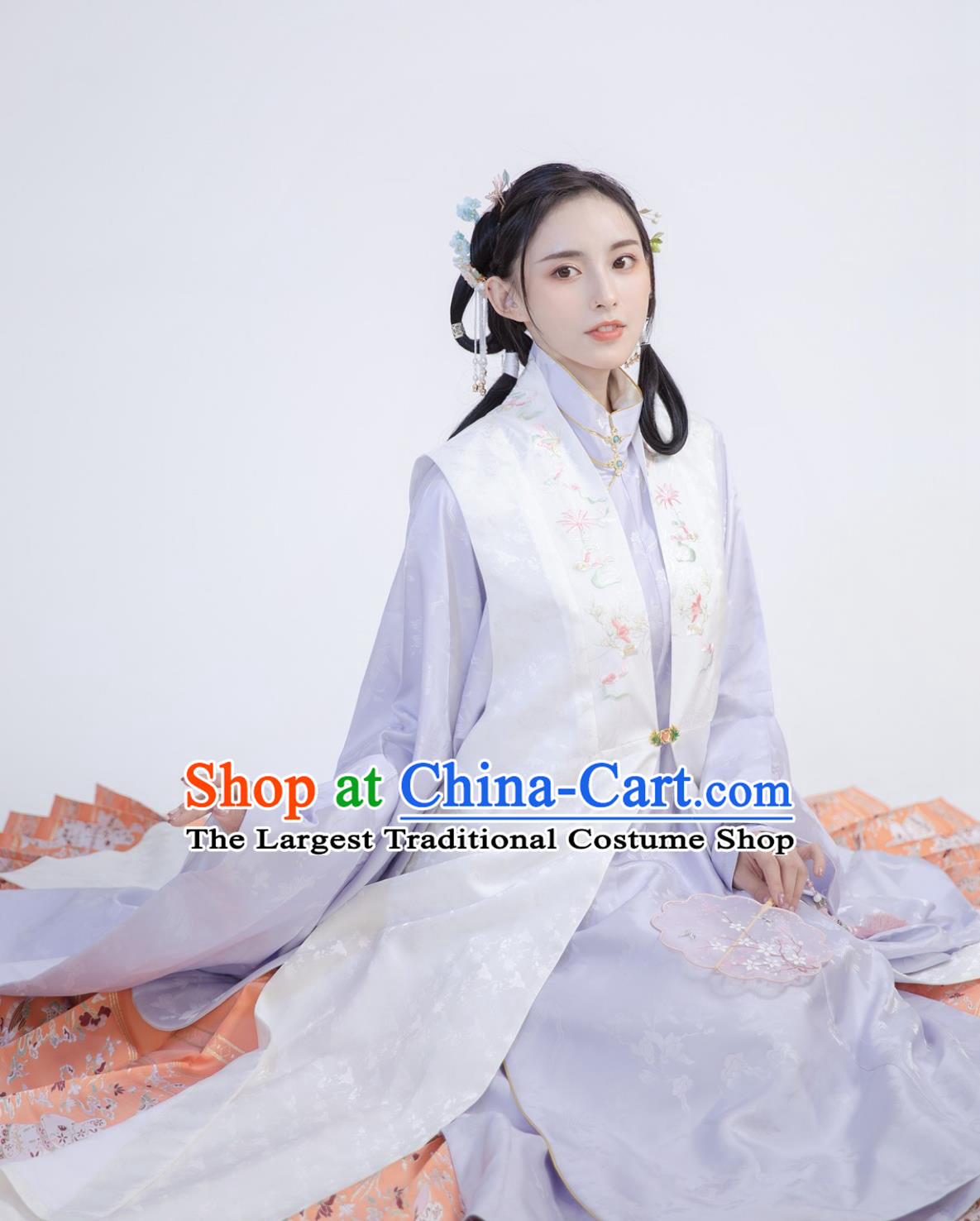 Chinese Ming Dynasty Hanfu Satin Brocade Bijia Blouse and Pleated Mamian Skirt Complete Set