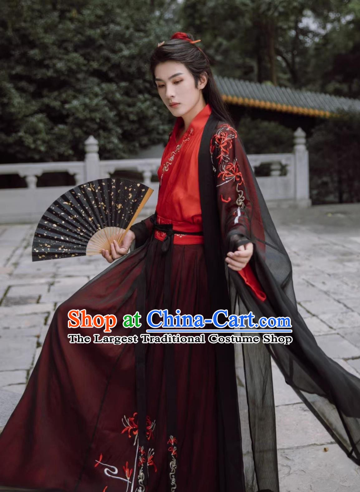 Red Spider Lily Hanfu Chinese Ancient Men Cross Collar Top and Bottom Set