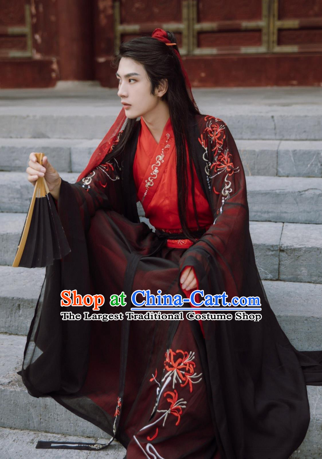 Red Spider Lily Hanfu Chinese Ancient Men Cross Collar Top and Bottom Set