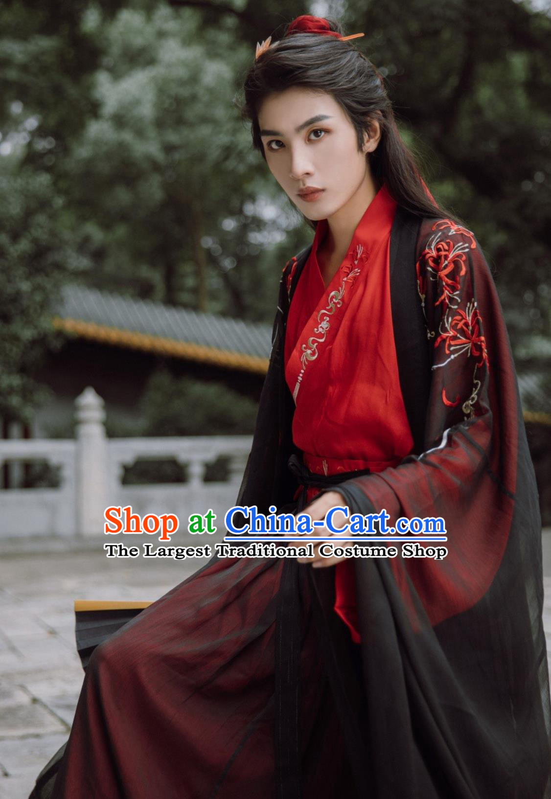 Red Spider Lily Hanfu Chinese Ancient Men Cross Collar Top and Bottom Set
