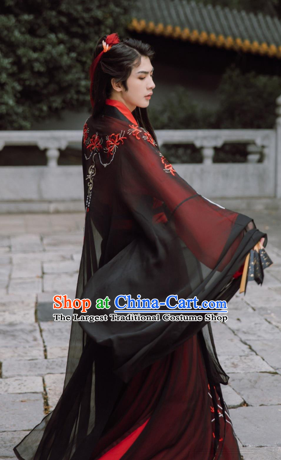 Red Spider Lily Hanfu Chinese Ancient Men Cross Collar Top and Bottom Set