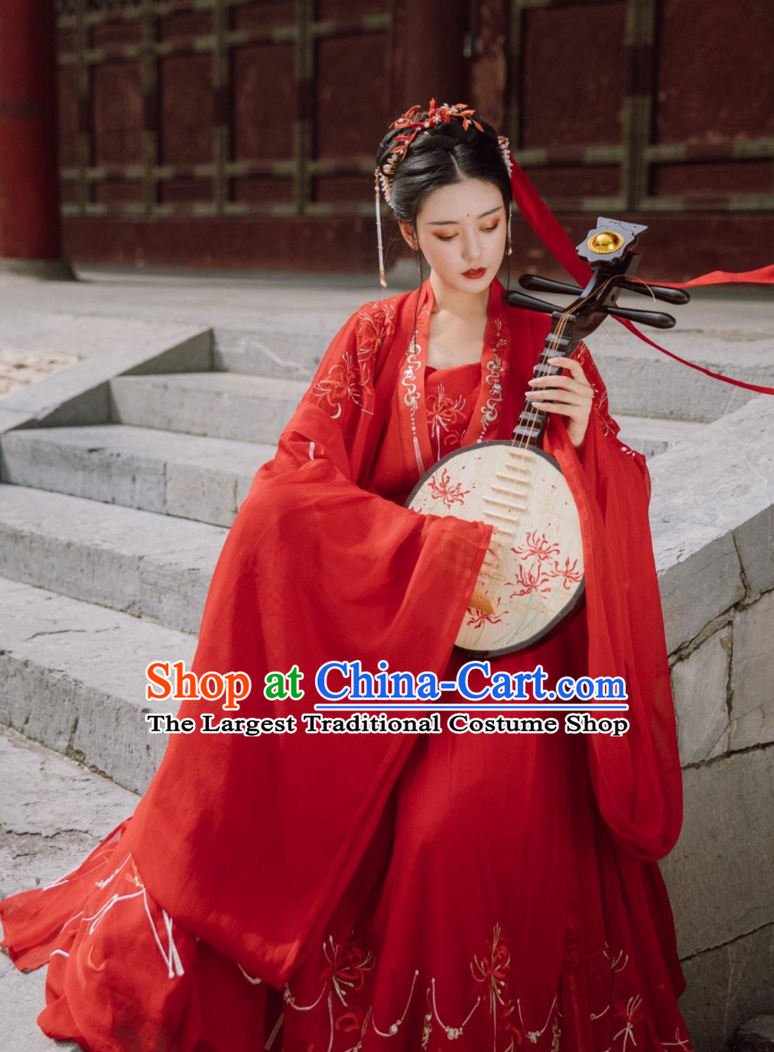 Red Chinese Hanfu Dress Tang Dynasty High Waist Ruqun and Wide Sleeves Cape Complete Set