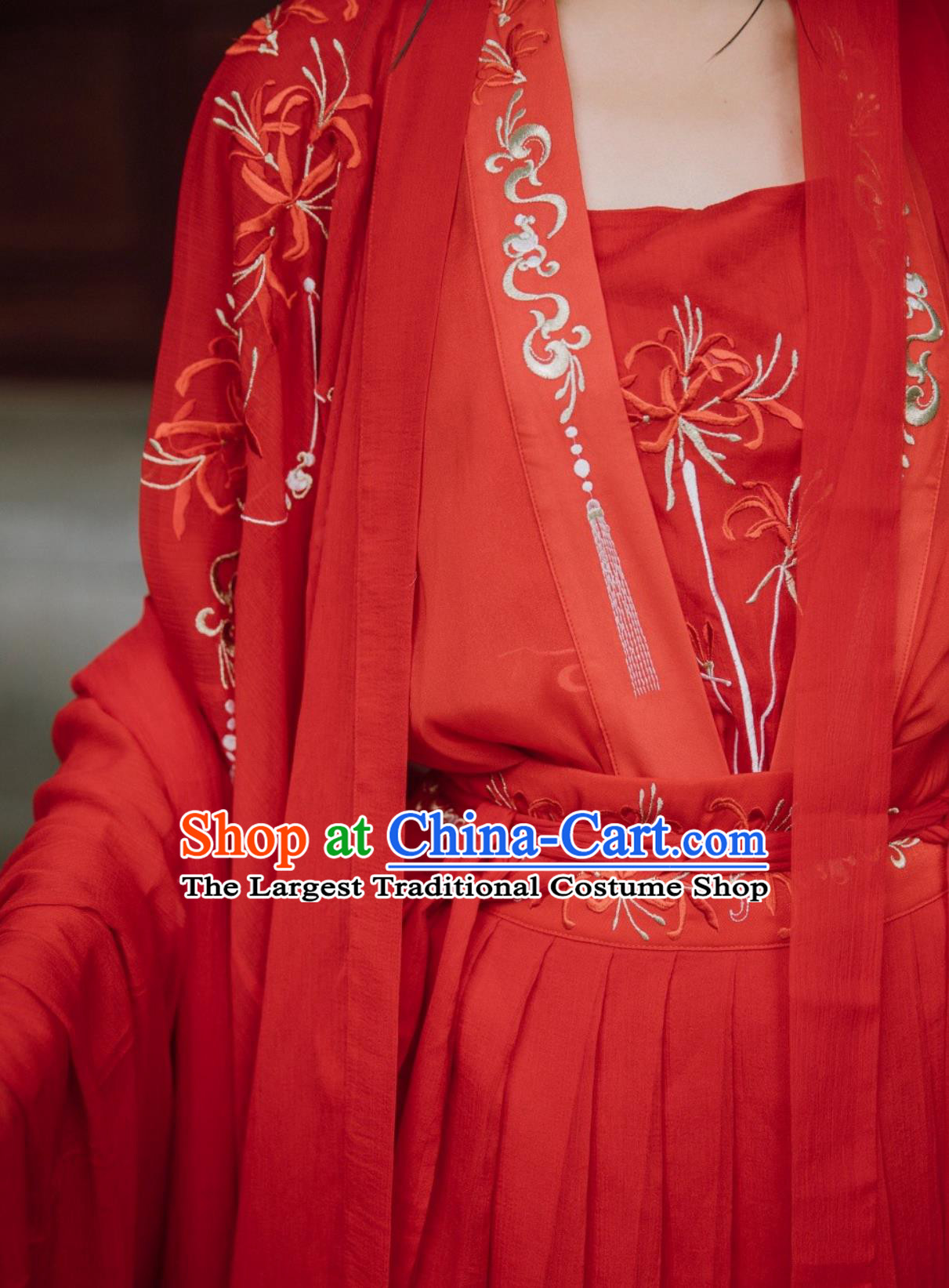 Red Chinese Hanfu Dress Tang Dynasty High Waist Ruqun and Wide Sleeves Cape Complete Set