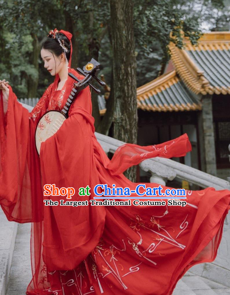 Red Chinese Hanfu Dress Tang Dynasty High Waist Ruqun and Wide Sleeves Cape Complete Set