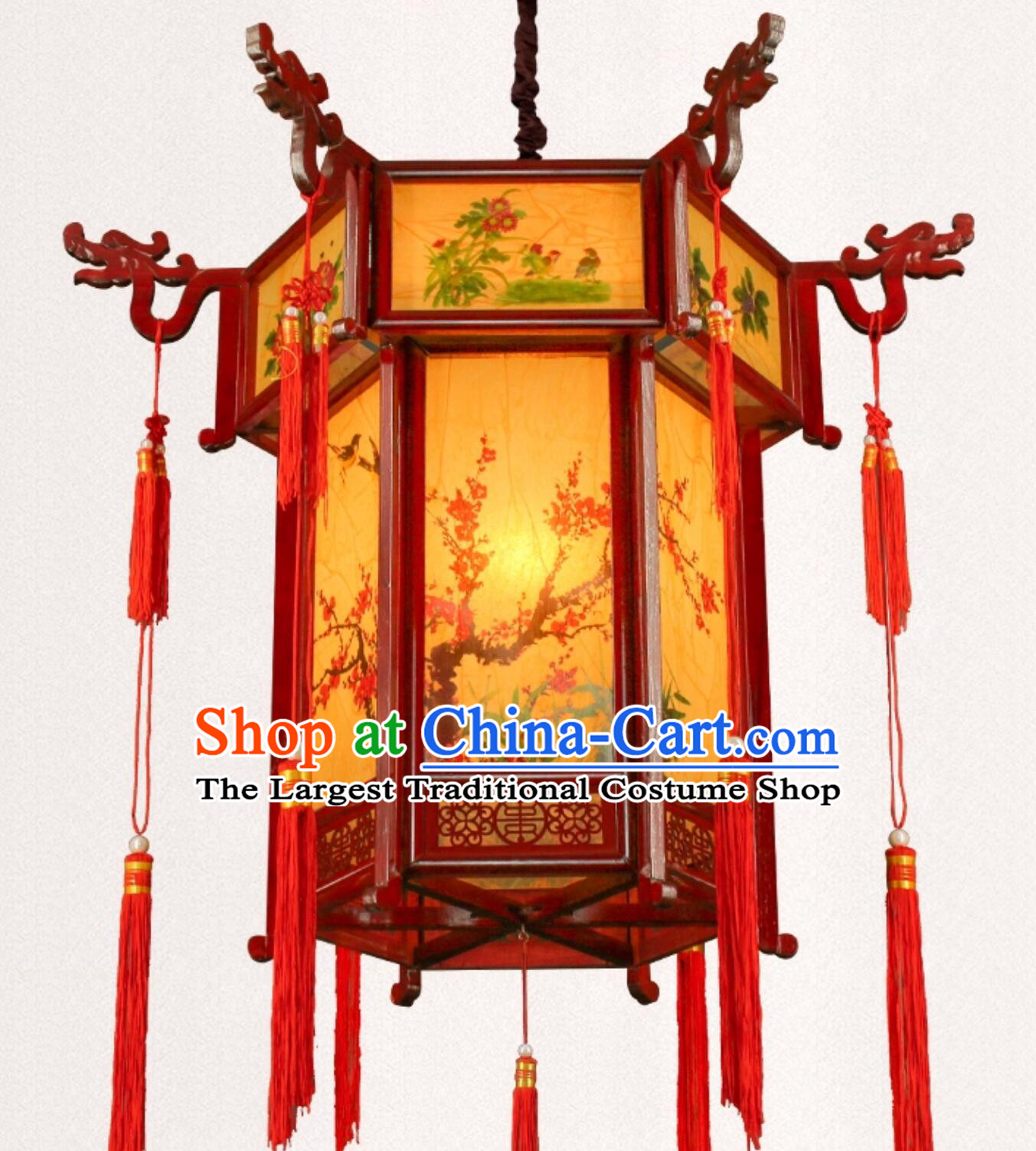 Chinese Antique Palace Lantern Wood Hexagonal Courtyard Lamp Handmade Hanging Light