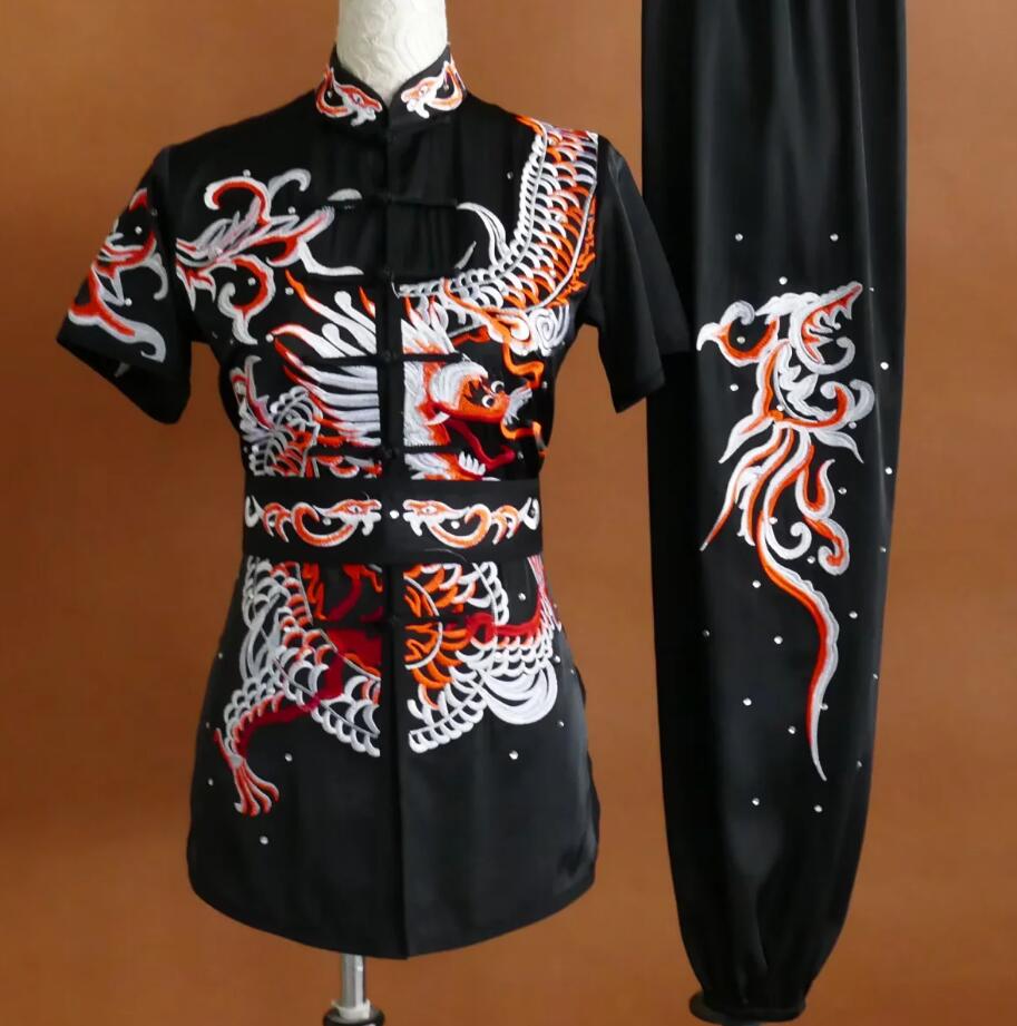 Dragon Embroidered Short Sleeve Changquan Clothing Black Kung Fu Uniform Routine Martial Arts Training Suit Wushu Competition Costume