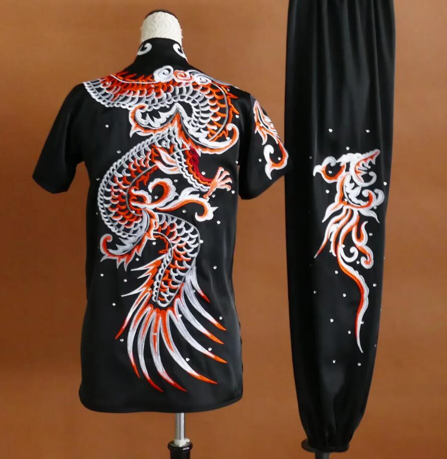 Dragon Embroidered Short Sleeve Changquan Clothing Black Kung Fu Uniform Routine Martial Arts Training Suit Wushu Competition Costume