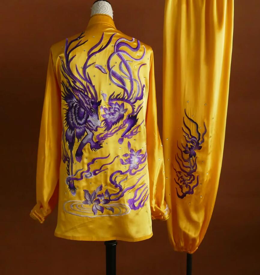 Embroidered Fire Kylin Kung Fu Suit Golden Tai Chi Uniform Martial Arts Competition Costume Taiji Performance Outfit