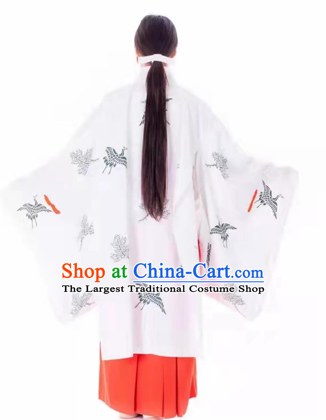 Japanese Authentic Miko Kimono Pine Crane Pattern Chihaya White Robe Handmade Coat