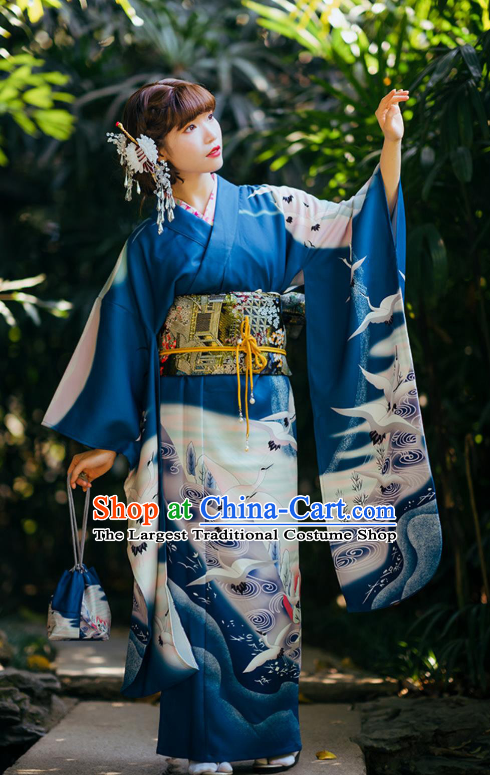 Japanese Traditional Women Modified Blue Crane Furisode Kimono