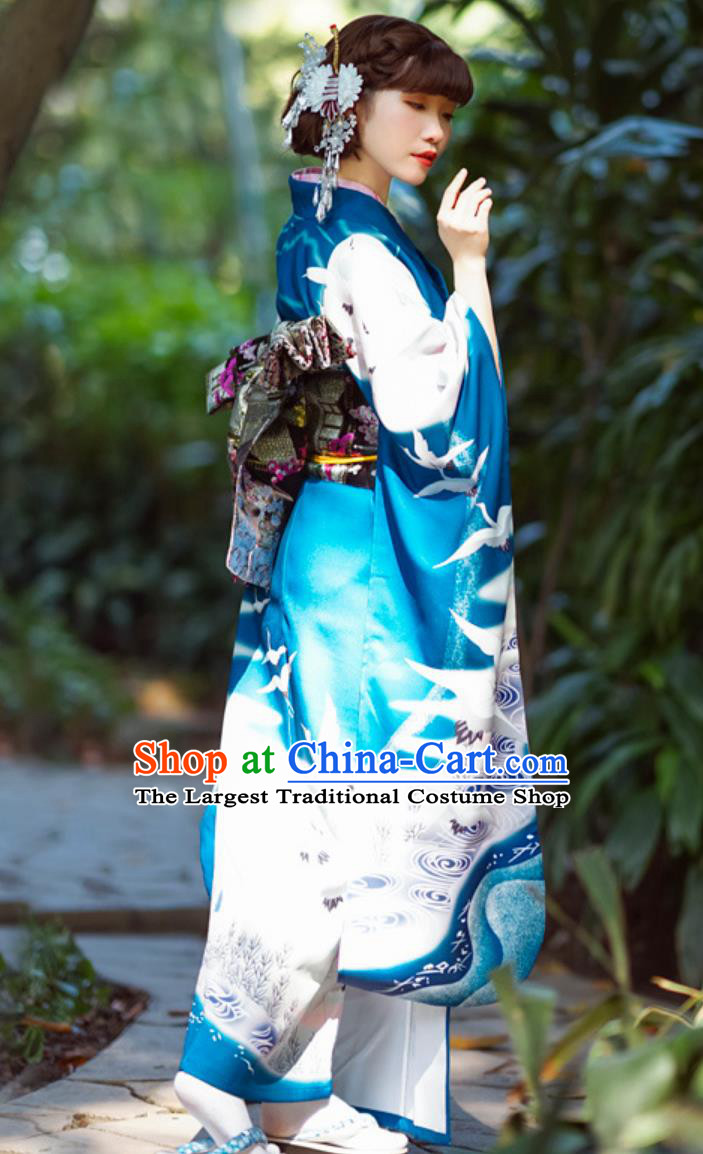 Japanese Traditional Women Modified Blue Crane Furisode Kimono