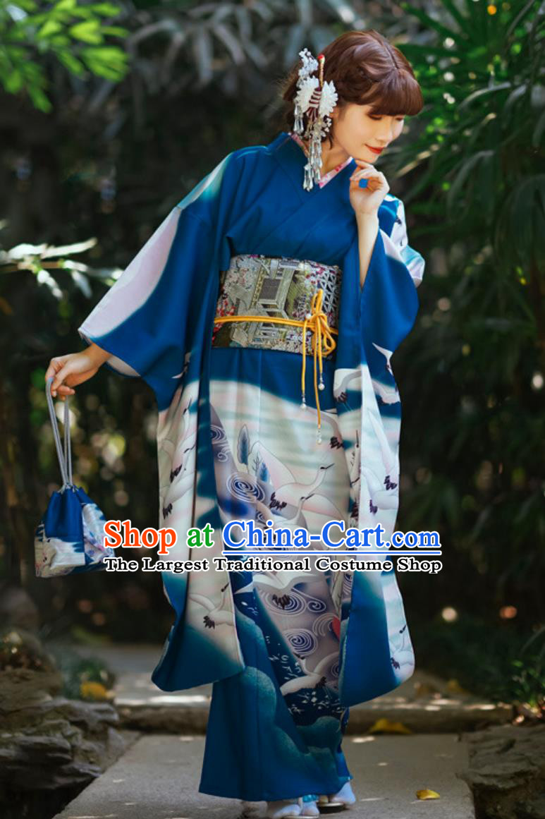 Japanese Traditional Women Modified Blue Crane Furisode Kimono
