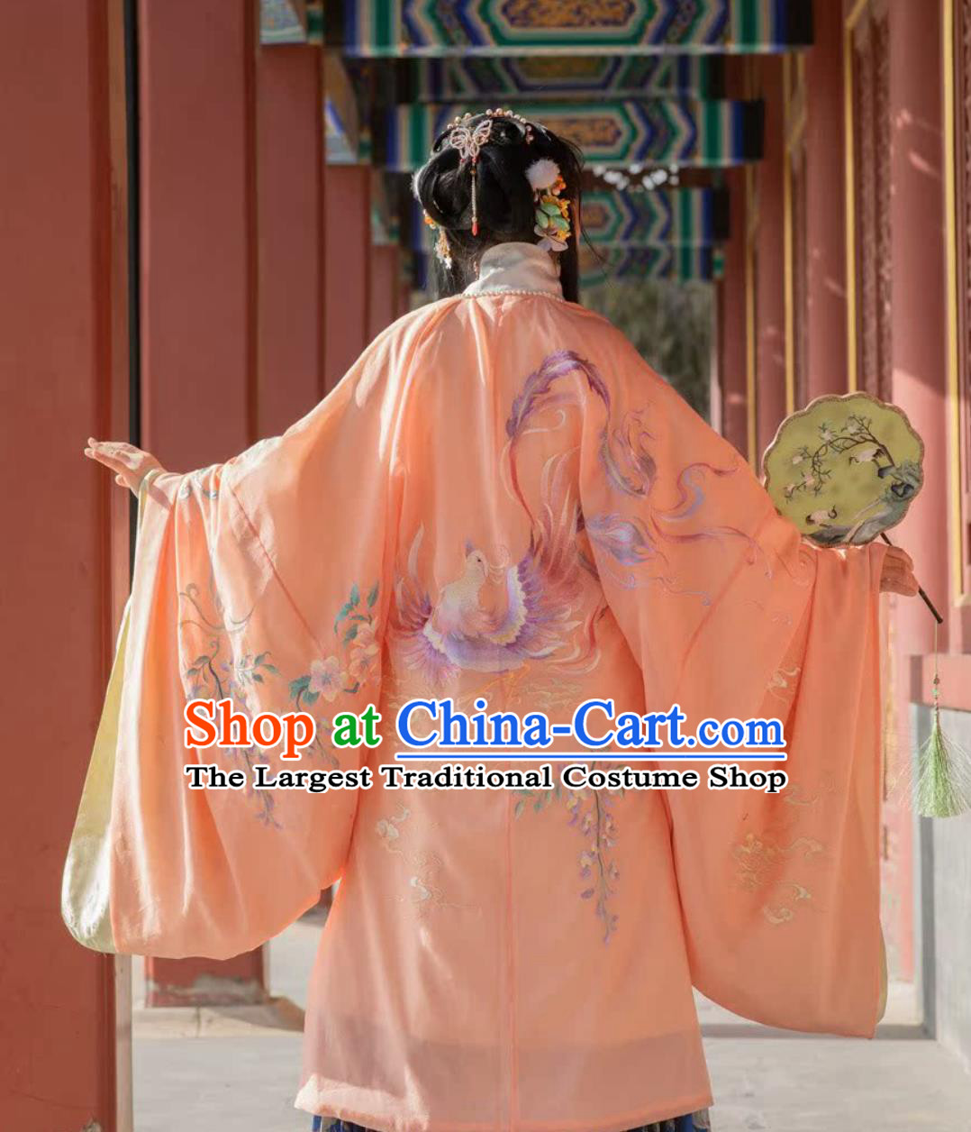Ancient Chinese Embroidered Pink Cloak Ming Dynasty Phoenix Wisteria Hanfu Cape