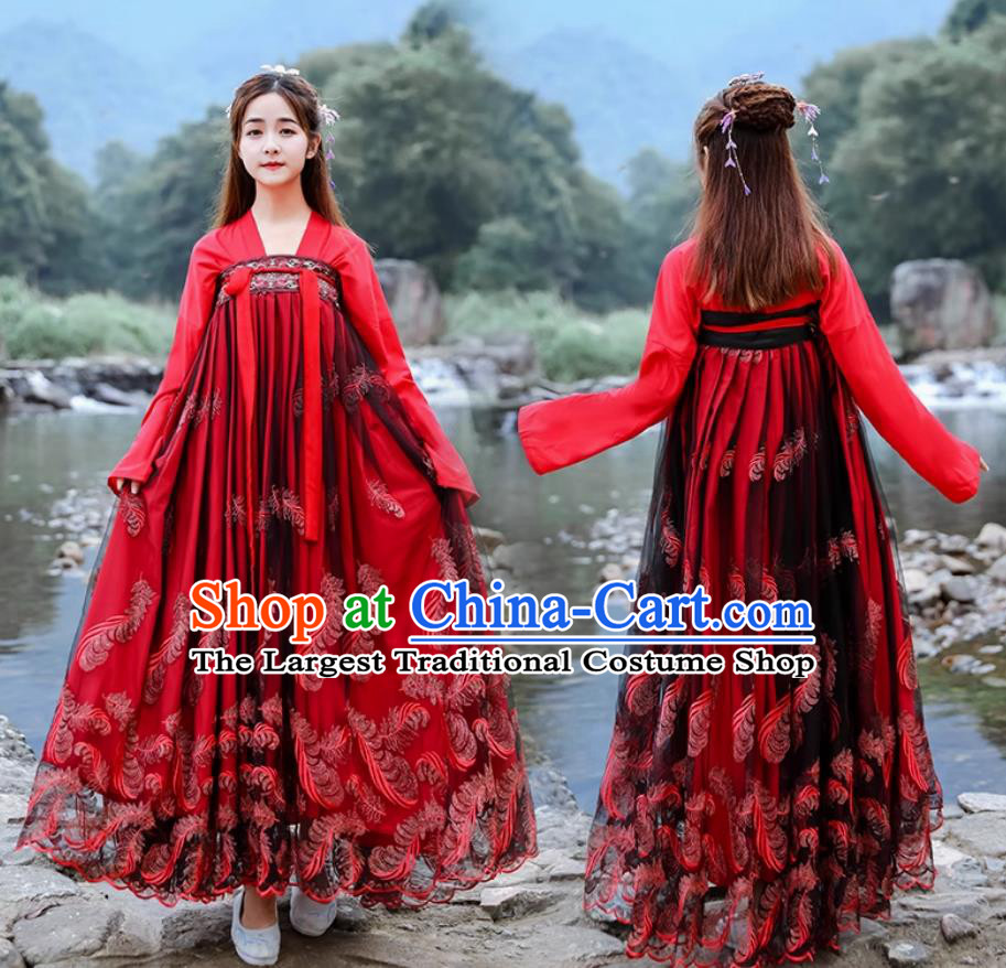 Ancient Princess Embroidered Clothing Chinese Traditional Hanfu Women High Waist Red Ruqun