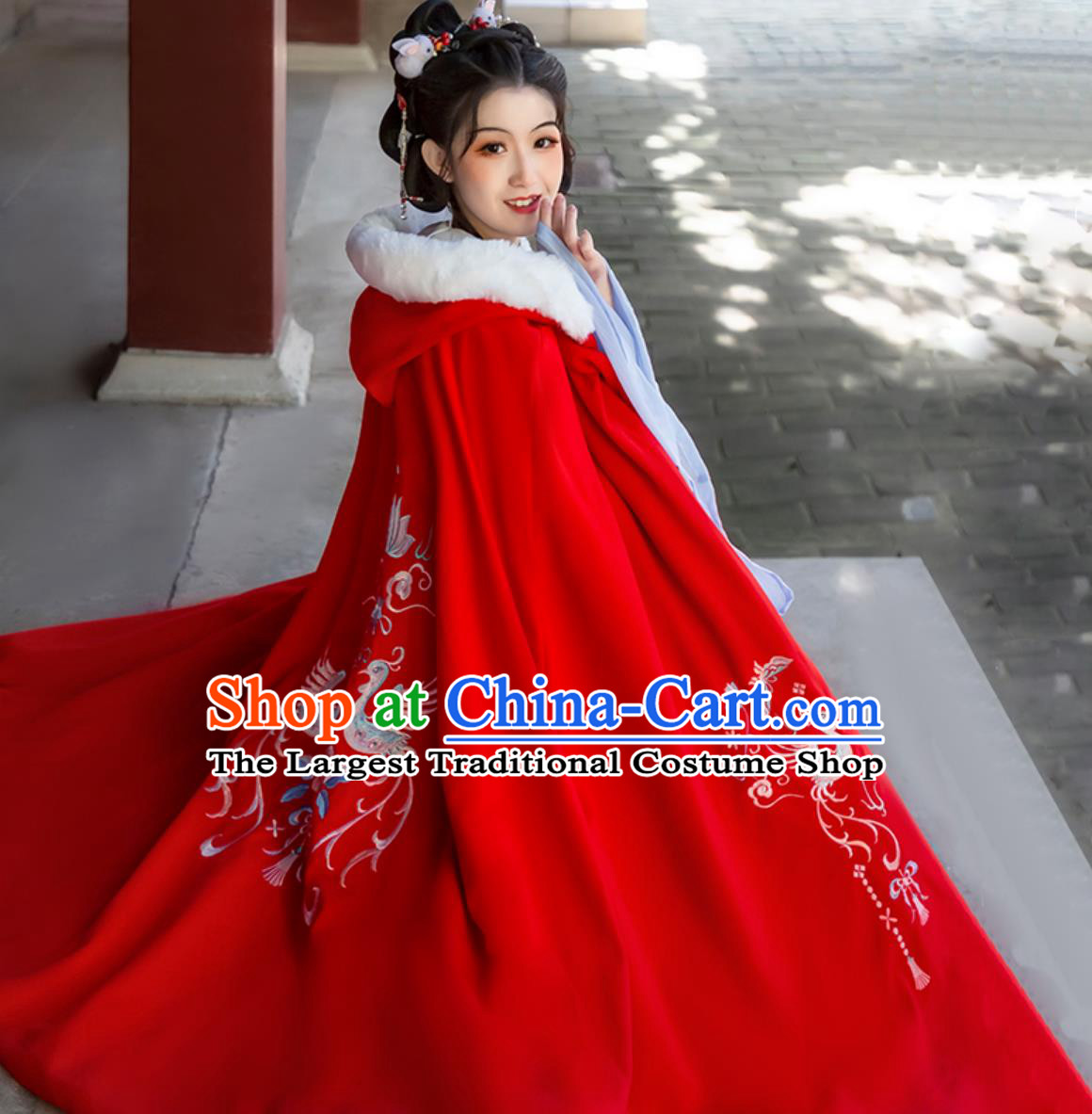 Chinese Hanfu Cape Women Winter Woolen Coat Red Heavy Embroidery Cloak