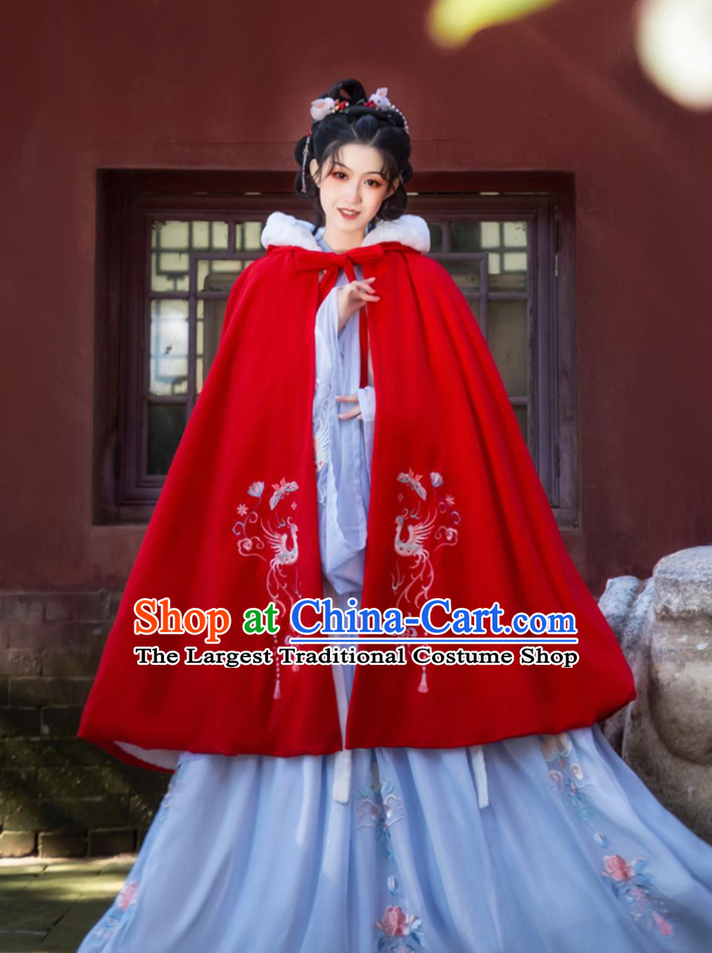 Chinese Hanfu Cape Women Winter Woolen Coat Red Heavy Embroidery Cloak
