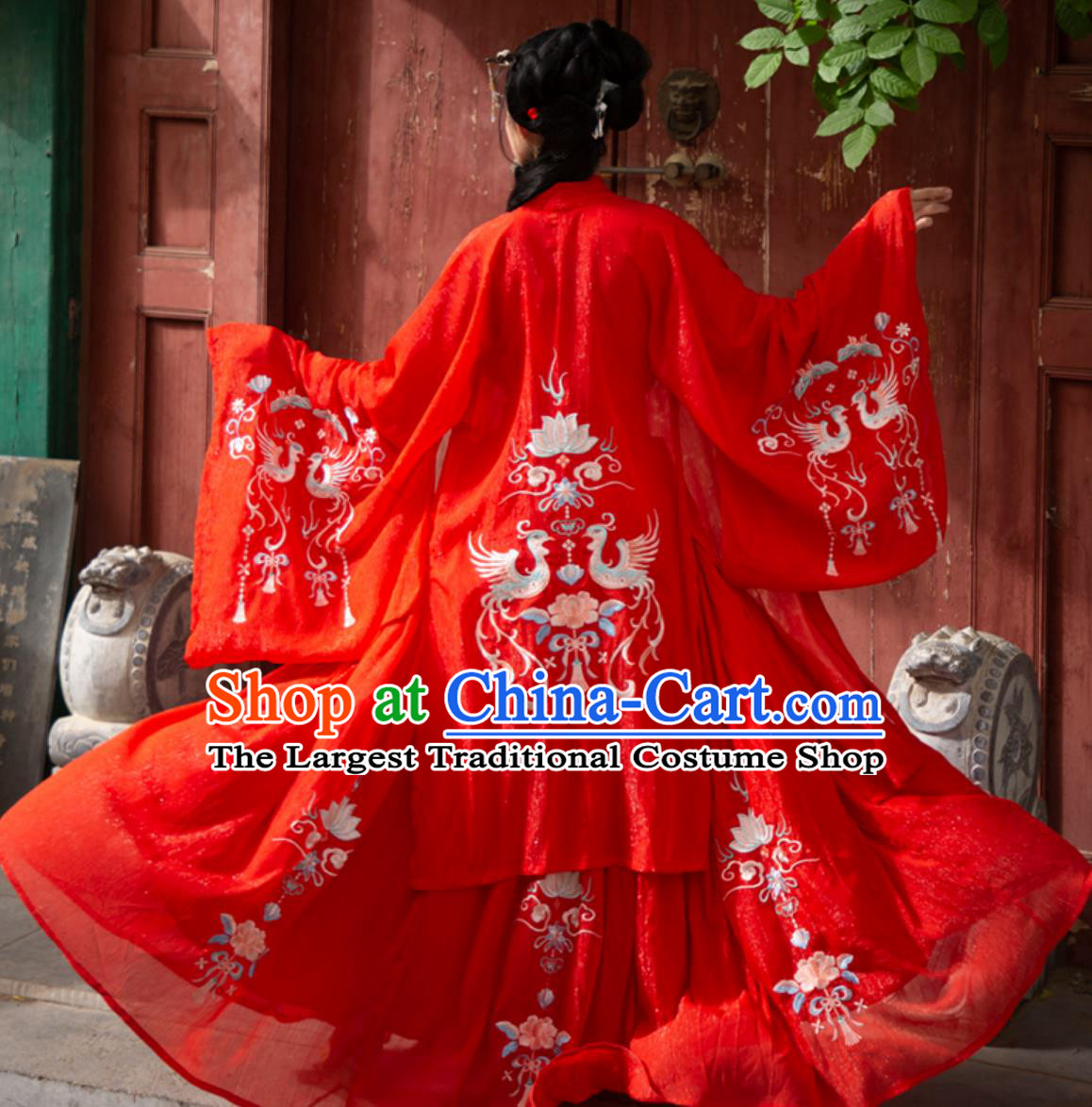 Chinese Traditional Women High Waist Cross Collar Hanfu Blouse Wide Sleeves Heavy Embroidery Dress