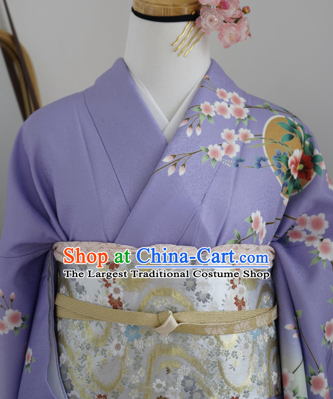 Purple Japanese Traditional Authentic Women Houmongi Kimono Formal Dress