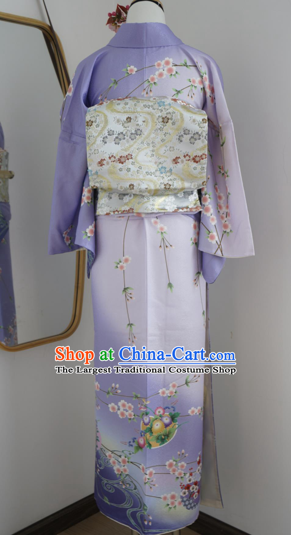 Purple Japanese Traditional Authentic Women Houmongi Kimono Formal Dress