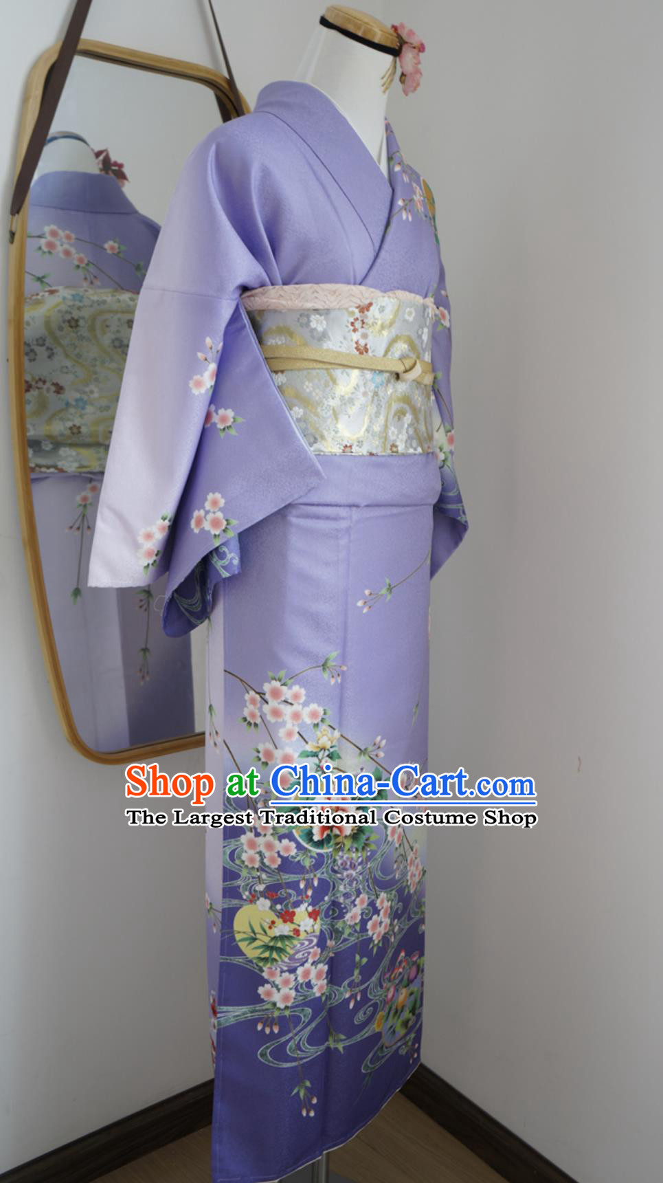 Purple Japanese Traditional Authentic Women Houmongi Kimono Formal Dress