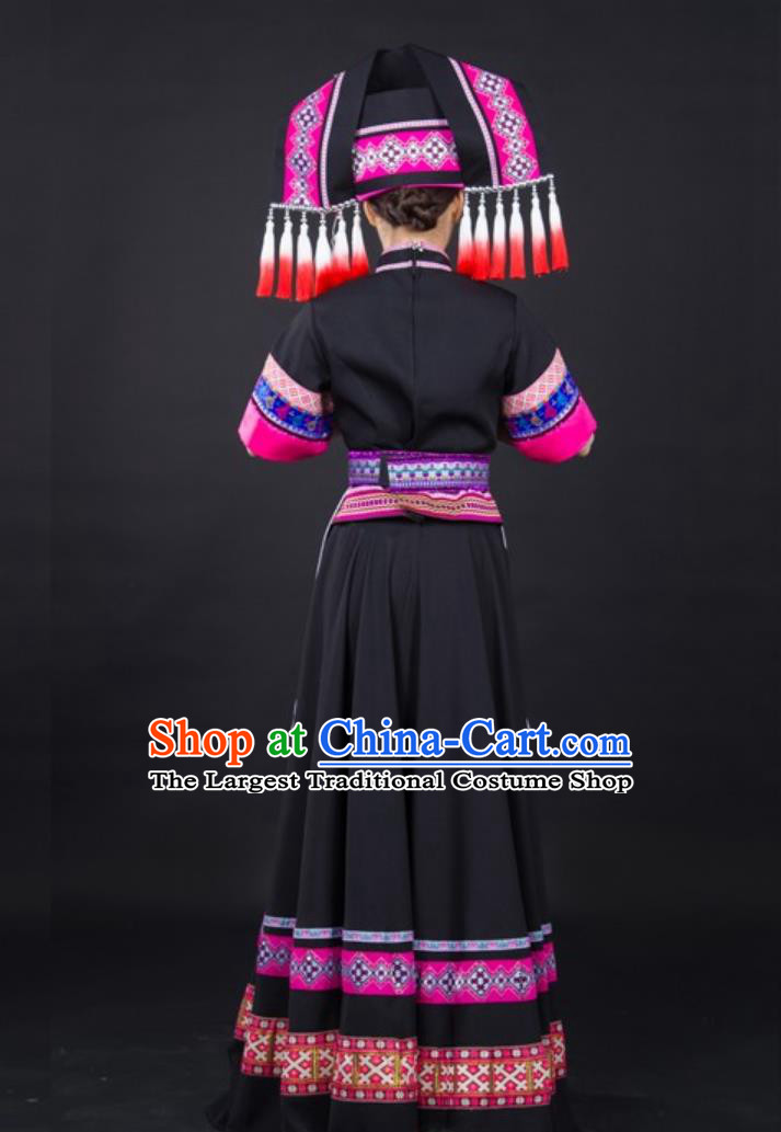 Zhuang Ethnic Black Ceremonial Long Dress Singer Catwalk Stage Performance Costume for Women