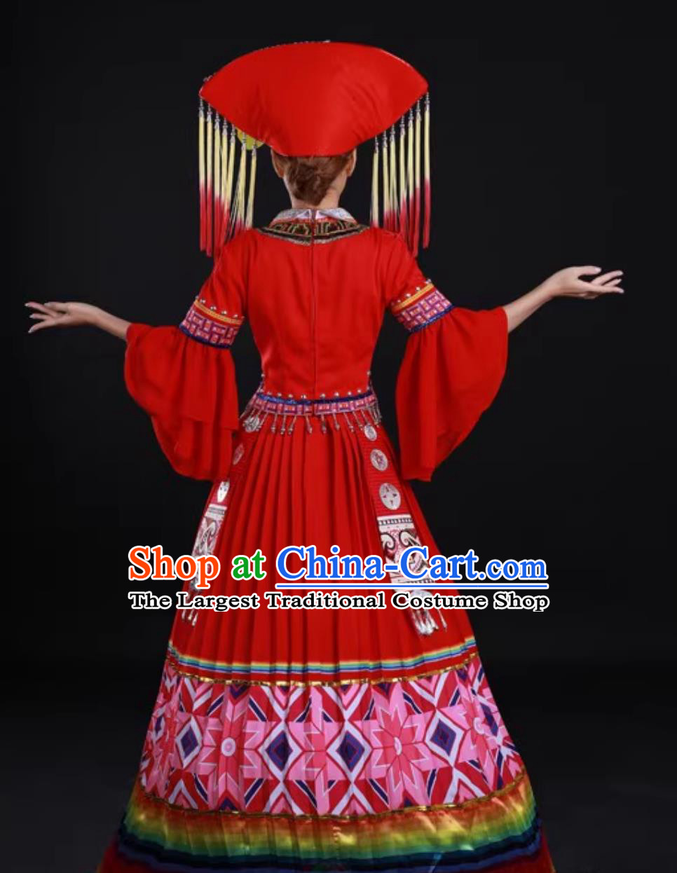 Zhuang Ethnic Red Floral Long Dress Chinese Minority Singer Stage Performance Costume for Women