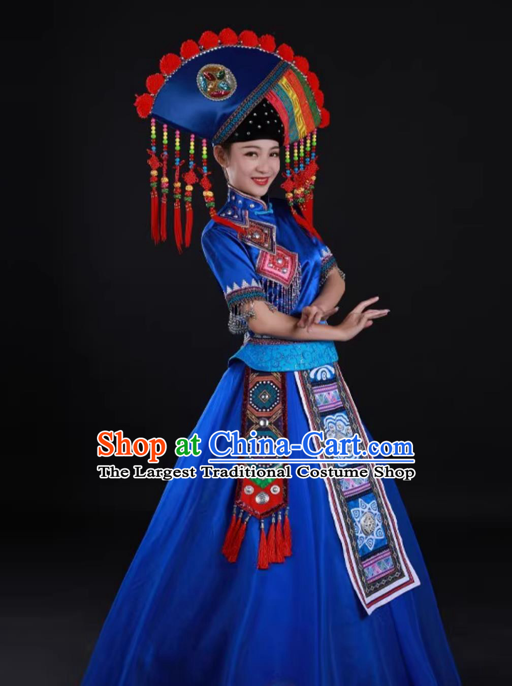 Chinese Minority Singer Stage Performance Costume Zhuang Ethnic Royal Blue Floral Long Dress for Women