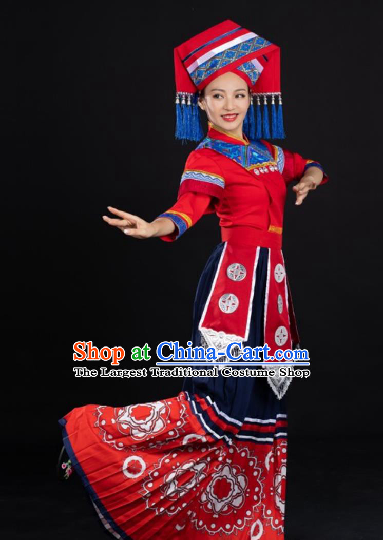 Chinese Zhuang Ethnic Red Printed Long Dress Women Formal Catwalk Performance Costume